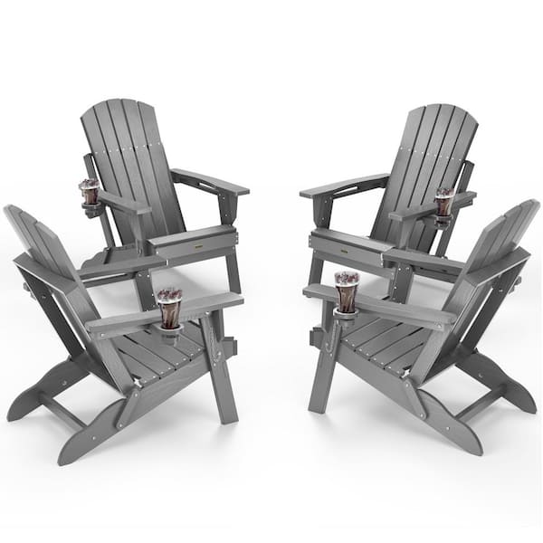 Mximu Gray HDPE Outdoor Folding Plastic Adirondack Chair with Cupholder(4-Pack)