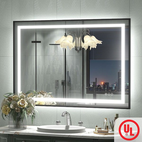 44in. W x 30in. H Rectangular Framed UL Certified Front and Back LED Anti-Fog Tempered Glass Wall Bathroom Vanity Mirror