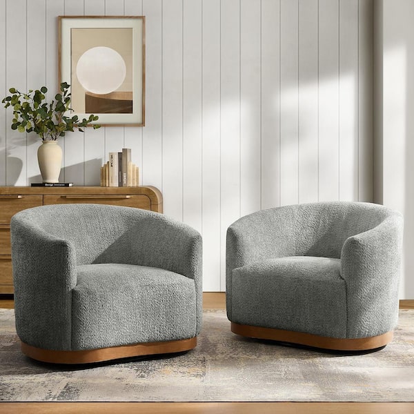 Elda Grey Polyester Armchair (Set of 2) with Curved Backrest and 360° Swivel Base