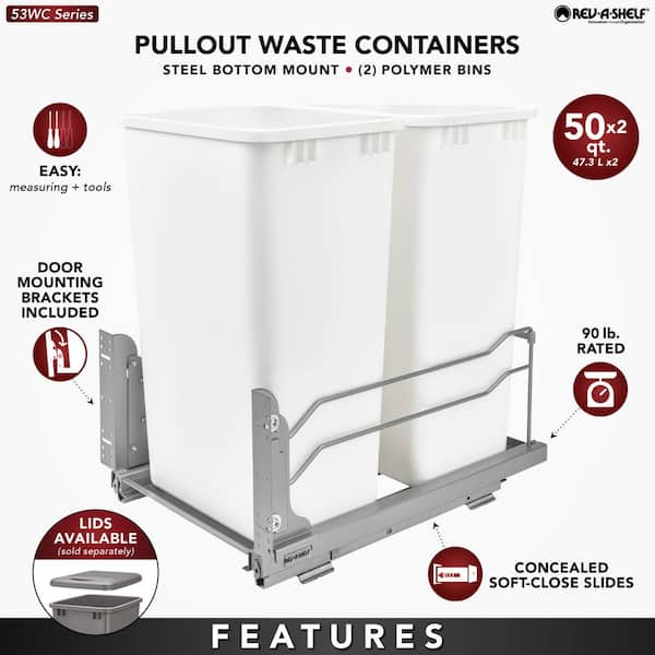 Rev-A-Shelf Double Pull-Out Trash Can for Under Kitchen Cabinets 35 Quart  8.75 Gallon with Soft-Close Slides, White, 53WC-1835SCDM-211