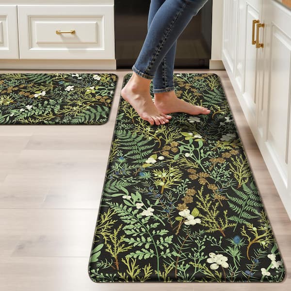Botanical Series Ink Moss Green 17.3"x28" & 17.3"x47" PVC Anti-Fatigue Mat Waterproof Kitchen Mat
