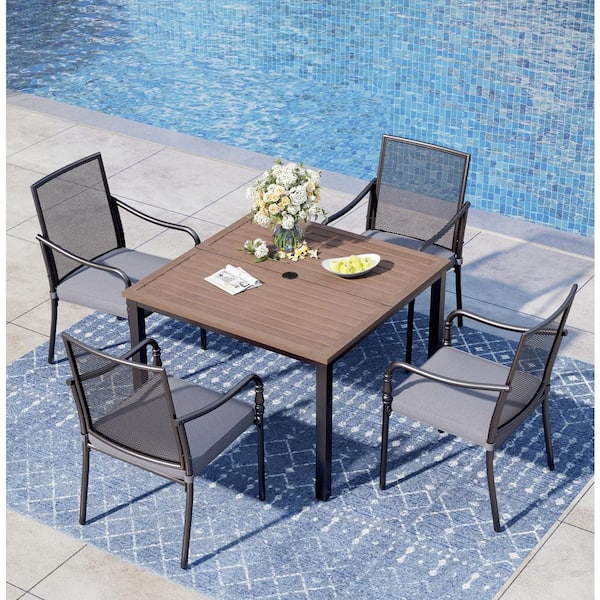 PHI VILLA Black 5-Piece Metal Outdoor Dining Set Metal with Wood-Look Square Table and Gourd-Shaped Chairs with Gray Cushions