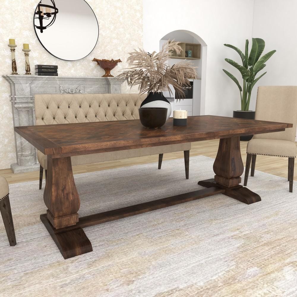 Parquet Inlay Reclaimed Pine Wood 84" Dining Table with Marble Accents