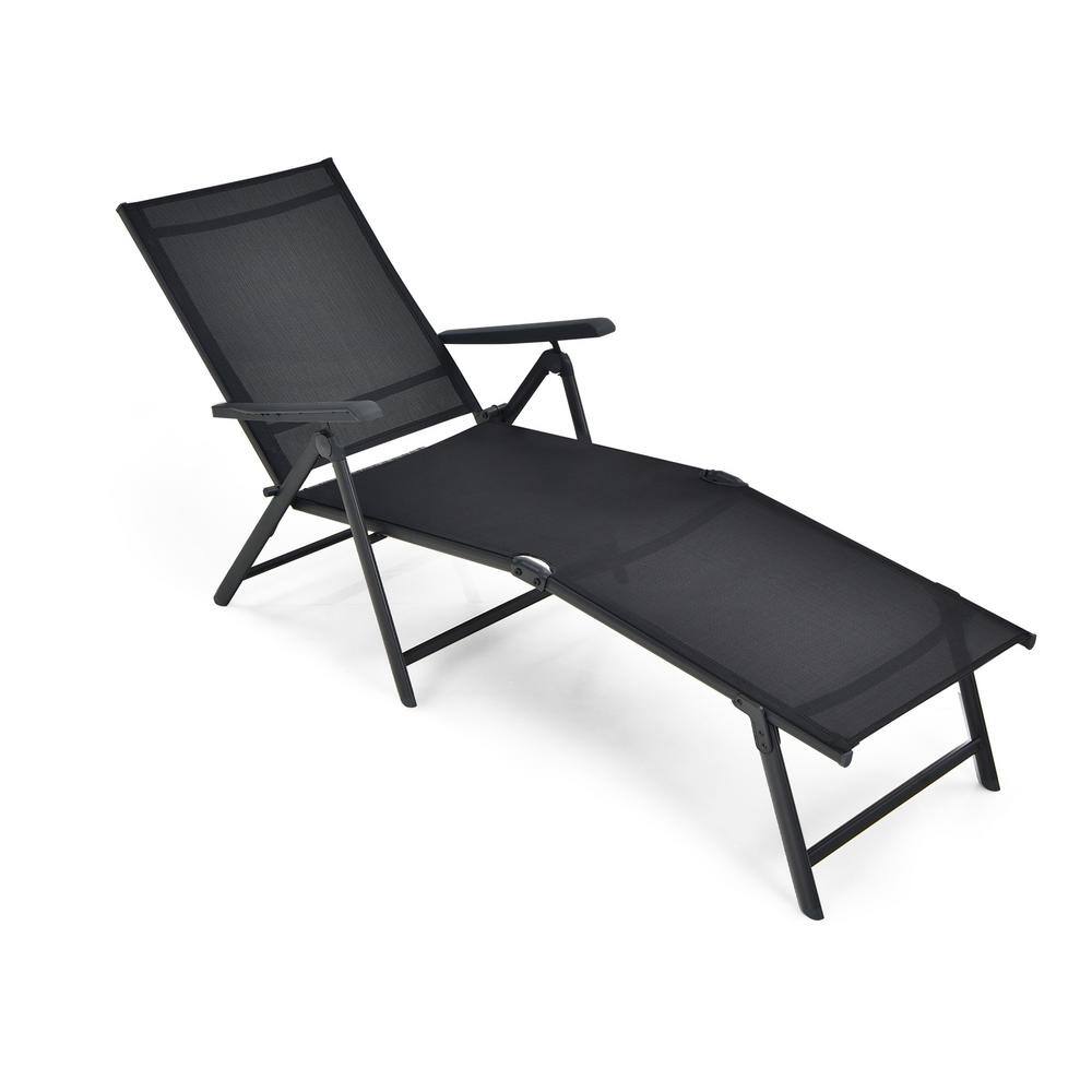 Black Foldable Metal Outdoor Chaise Lounge with 2-Position Footrest