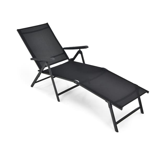Unbranded Black Foldable Metal Outdoor Chaise Lounge with 2-Position Footrest