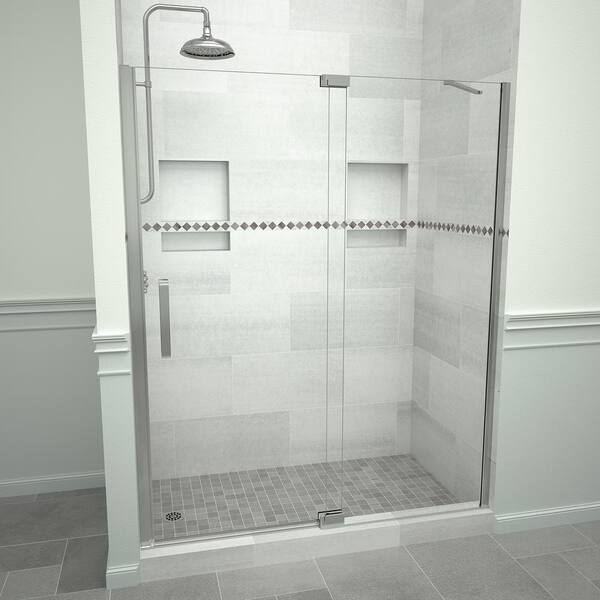 Tile Redi Redi Swing 5200 53 in. W x 76 in. H Semi-Frameless Pivot Shower Door in Polished Chrome with Handle and Clear Glass