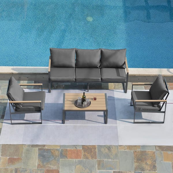 Modern 4-Pieces Iron Aluminum Patio Conversation Set with Grey Cushions and Faux Wood Grain Frame Table