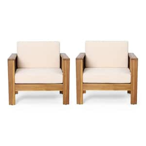 Teak Acacia Wood Lounge Chair Club Chairs with Beige Cushions Set of 2