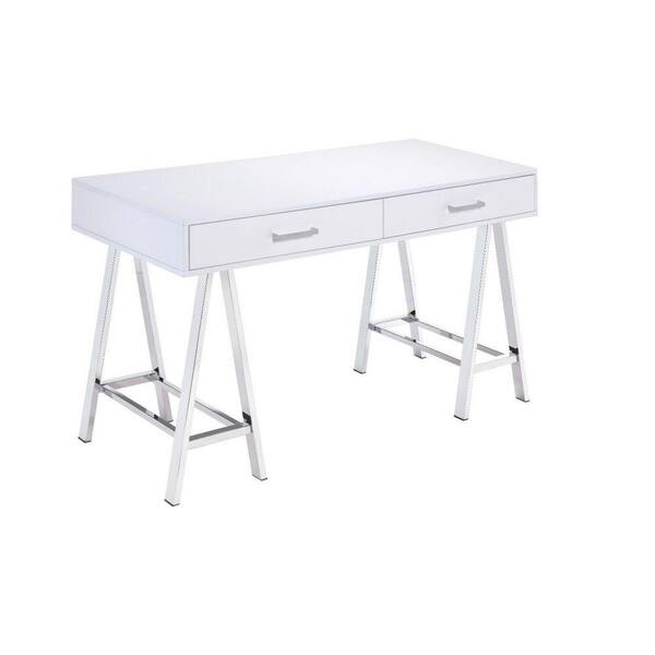 Benjara 22 in. Rectangle White and Chrome Wood 2 Drawers Writing Desk