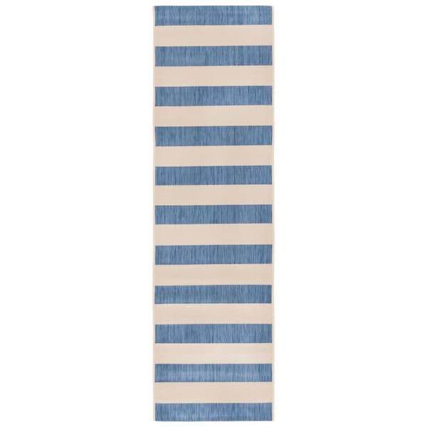 SAFAVIEH Courtyard Beige/Blue 2 ft. x 8 ft. Awning Stripe Indoor/Outdoor Runner Rug