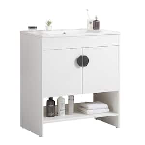 30 in. W Single Sinks Freestanding Bath Vanity in White with White Ceramic Top