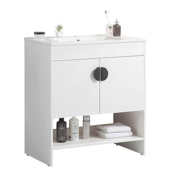 Dimakai 30 in. W Single Sinks Freestanding Bath Vanity in White with White Ceramic Top