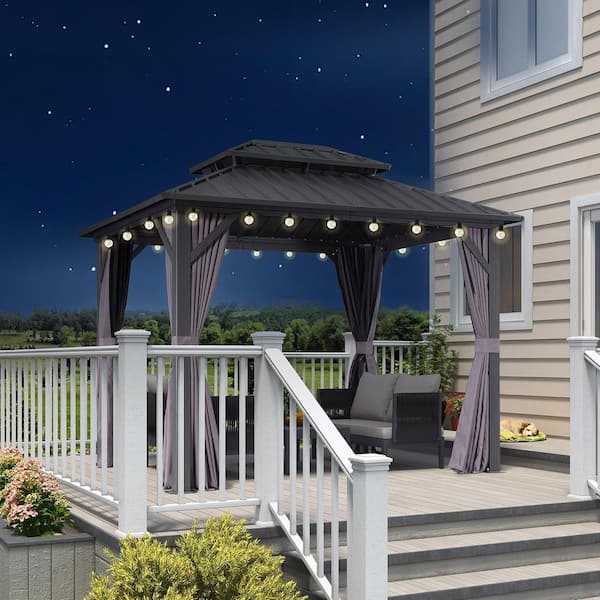 PURPLE LEAF 8 ft. x 10 ft. Gray Aluminum Hardtop Gazebo Canopy with Netting and Curtains