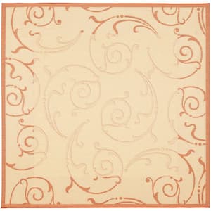 Courtyard Natural/Terracotta 7 ft. x 7 ft. Square Border Indoor/Outdoor Patio  Area Rug