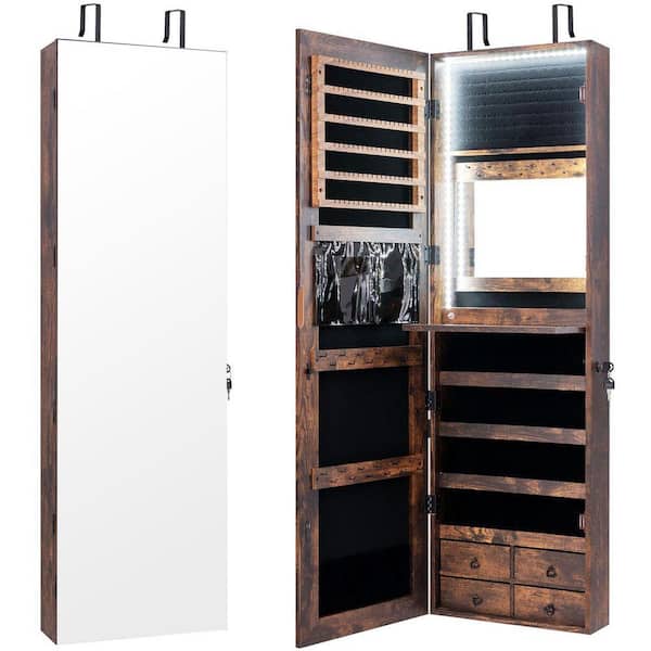 Mecale 14.5 in. x 47 in. Rustic Brown Wall-Mounted MDF Jewelry Armoire Storage Organizer with Mirror and Lights