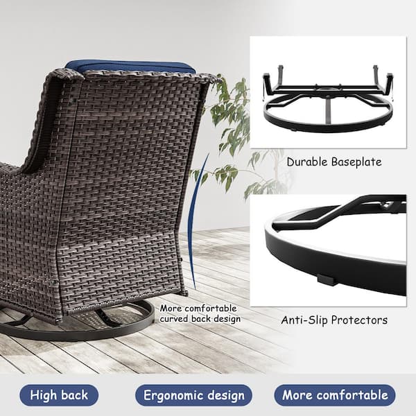 JOYSIDE - 3-Piece Wicker Swivel Outdoor Rocking Chairs Patio Conversation Set with Blue Cushions