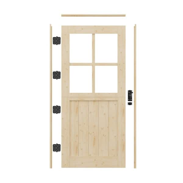 36 in. x 80 in. Solid Pine Universal 4-Lite Clear Glass Unfinished Dutch Wood Prehung Front Door +Quick Assemble Jamb