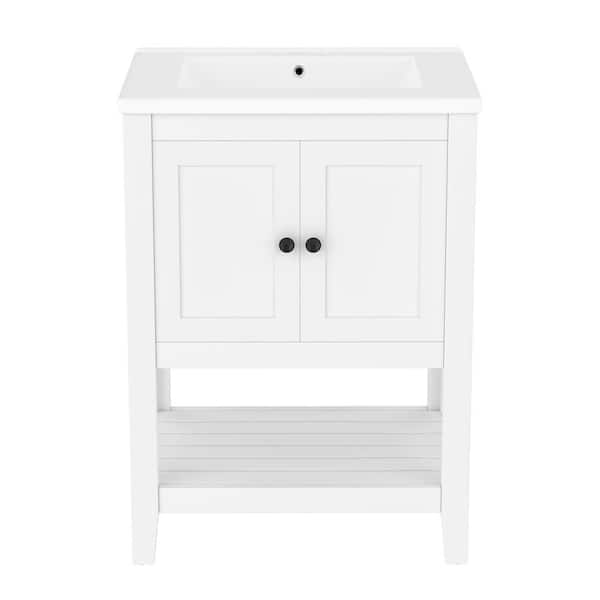 Baye 24 in. W Freestanding White Bath Vanity with White Ceramic Top Unassembled