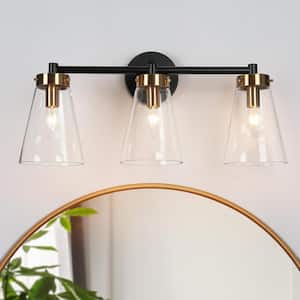 Modern 21 in. 3-Light Black and Brass Bath Vanity Light with Bell Clear Glass Shades Powder Room Sconce, LED Compatible