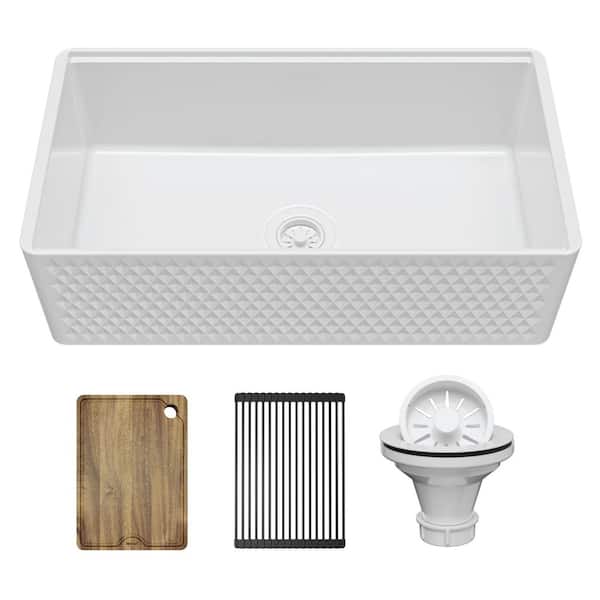 Fireclay 33 in. Farmhouse/Apron-Front Single Bowl White Gloss Fireclay Workstation Kitchen Sink with Reversible Front