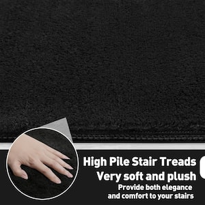 Plush Black 9.5 in. x 30 in. x 1.2 in. Bullnose Polyster Carpet Stair Tread Cover With Landing Mat Tape Free Set of 15
