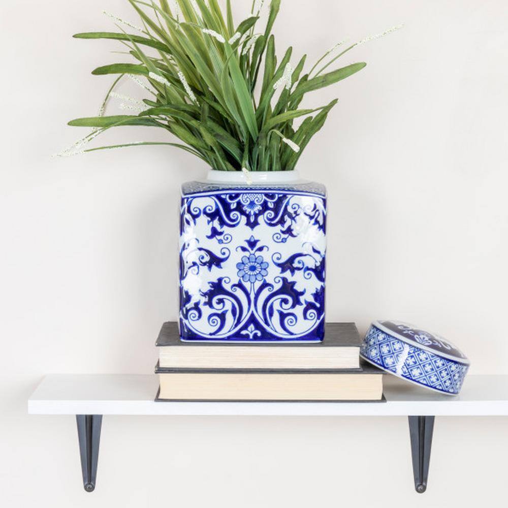 Blue and White Floral Ceramic Ginger Jar with Lid