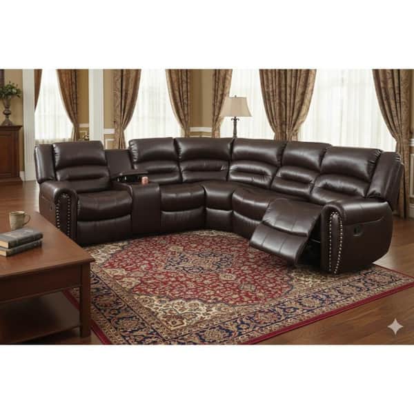39.0 W in. Pillow Top Arm 3-piece Bonded Leather L-Shaped Reclining Sectional Sofa in. Brown