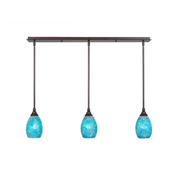 Unbranded Livingston 100-Watt 3 Light Bronze, Linear Pendant Light with 5 in. Turquoise Fusion Glass Shades No Bulbs Included
