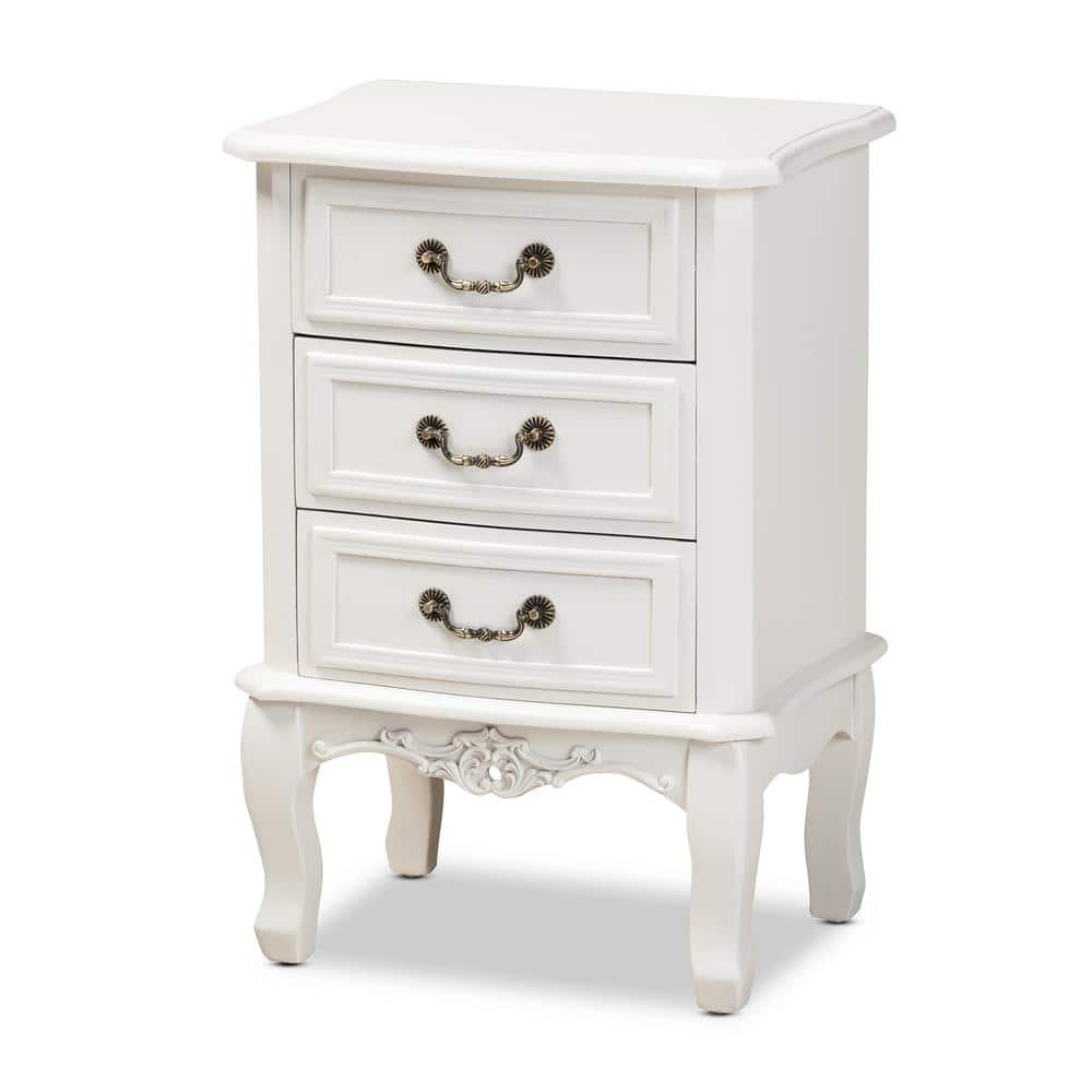 White 3-Drawer French Country Wood Nightstand