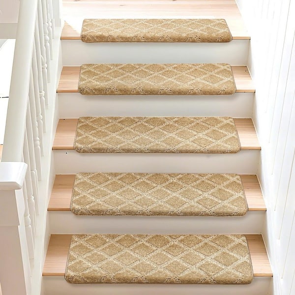 Bullnose Khaki Diamond Trellis 9.5 in. x 30 in. x 1.2 in.Polypropylene Carpet Stair Tread Cover Indoor Rug Mat Set of 12