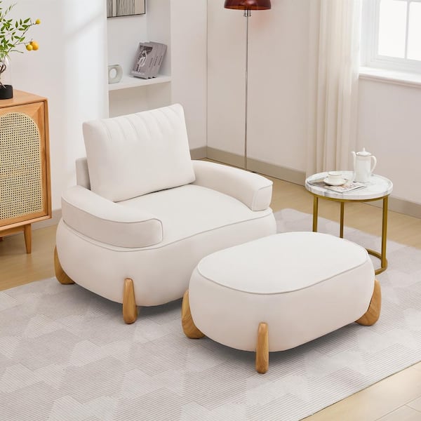 JEAREY Modern Beige Velvet Accent Arm Chair with Ottoman