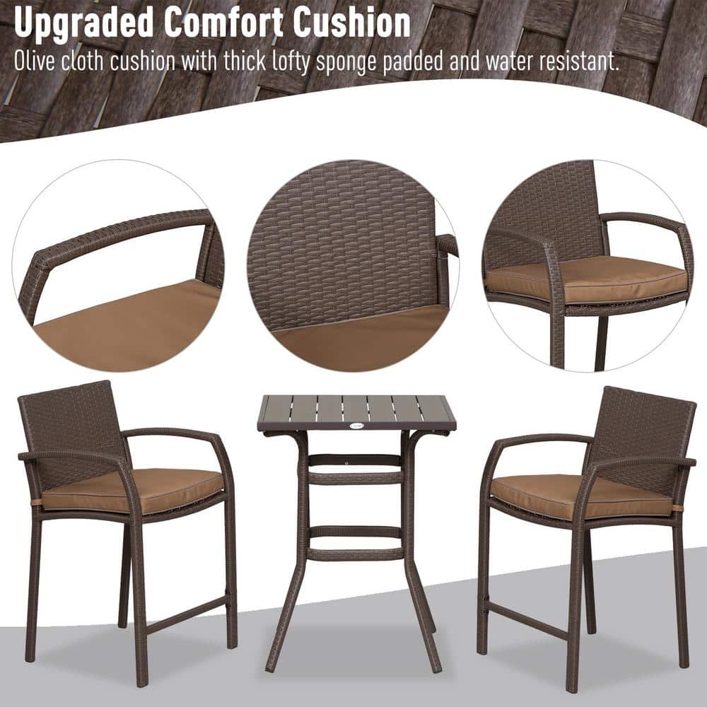 Mixed Brown Rattan Wicker Outdoor Bar Set with Wood Grain Top