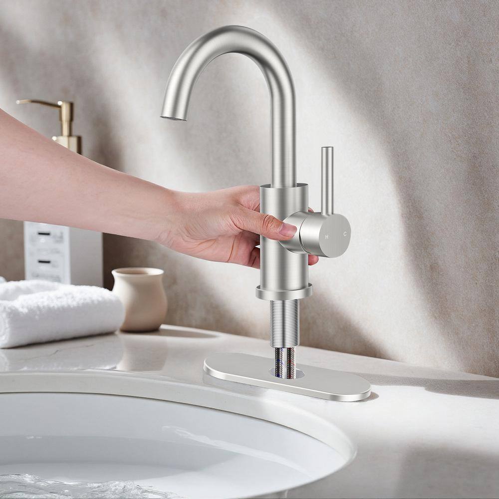 Brushed Nickel Single Handle High Arc Bathroom Faucet with Drain Kit