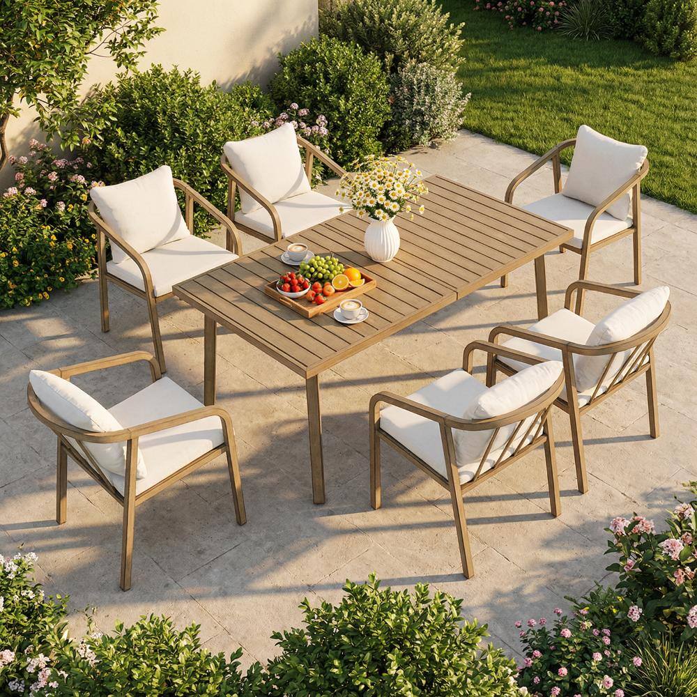 7-piece outdoor dining set with a teak-finish rectangular table and six beige cushioned chairs on a patio.