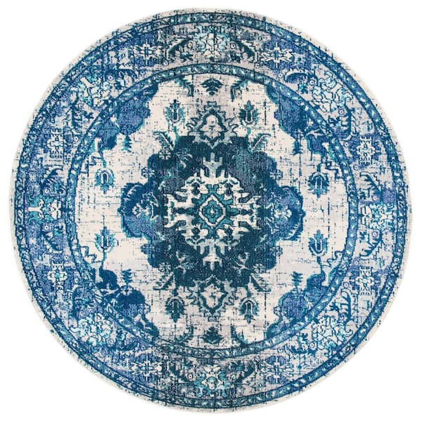 SAFAVIEH Monaco Ivory/Blue  7 ft. x 7 ft. Distressed Border Medallion Round Area Rug