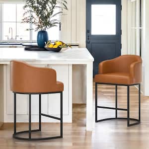 Crystal Yellowish-Brown 26in.Counter Height Fabric Upholstered Bar Stool Kitchen Stool With Black Metal Frame (Set of 2)