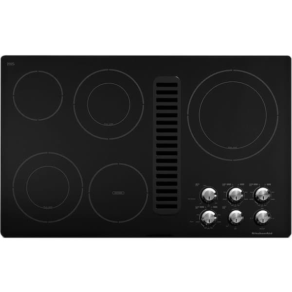 KitchenAid 36 in. Downdraft Vent Ceramic Glass Electric Cooktop in Black with 5 Elements including Double-Ring Elements