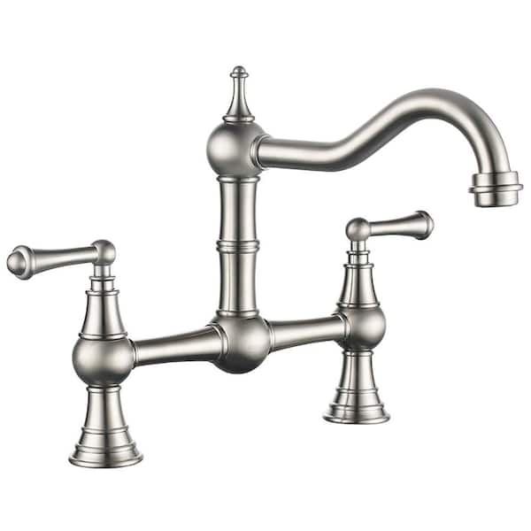 WOWOW Classic Double Handle Bridge Kitchen Faucet Deck-Mount in Brushed Nickel