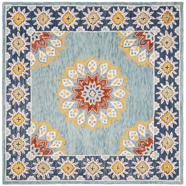 Blossom 6 ft. x 6 ft. Blue/Gold Floral Border Medallion Square Area Rug