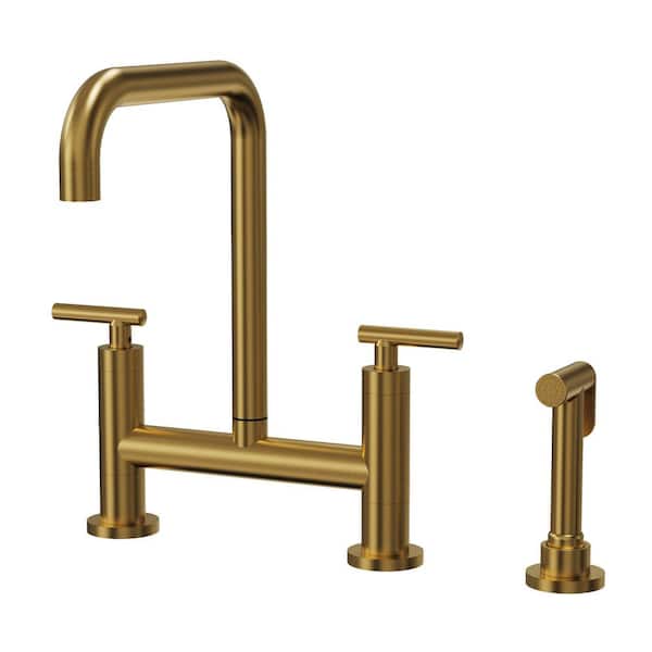 Culinary 13 in. H  2-Handle 2-Spray Bridge Kitchen Faucet 360° Spout Swivel with Side Sprayer in Brushed Gold
