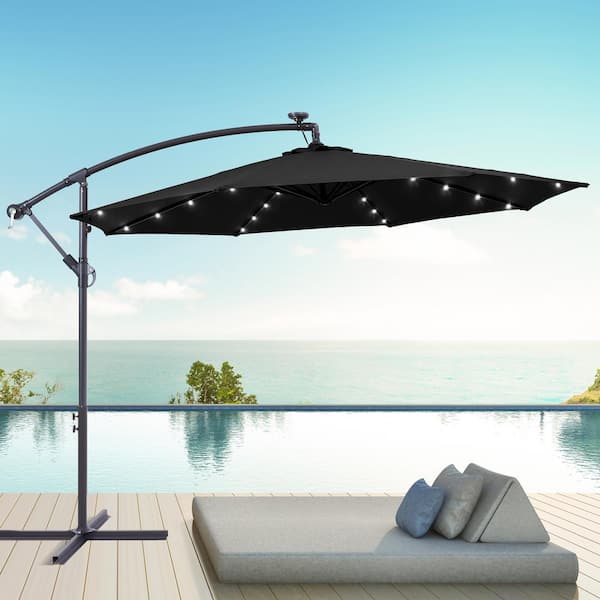 Sonkuki 10 ft. Round Outdoor Patio Solar LED Lighted Cantilever Umbrella in Black