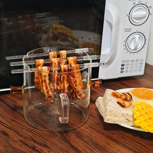 Anqtovp 2-Piece Round Glass Microwave Bacon Cooker with Silicone