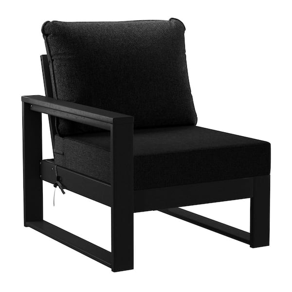 Endless Outdoor Patio Deep Seating Left Arm Chair with Black Plastic Frame and Black Side Tie Cushions