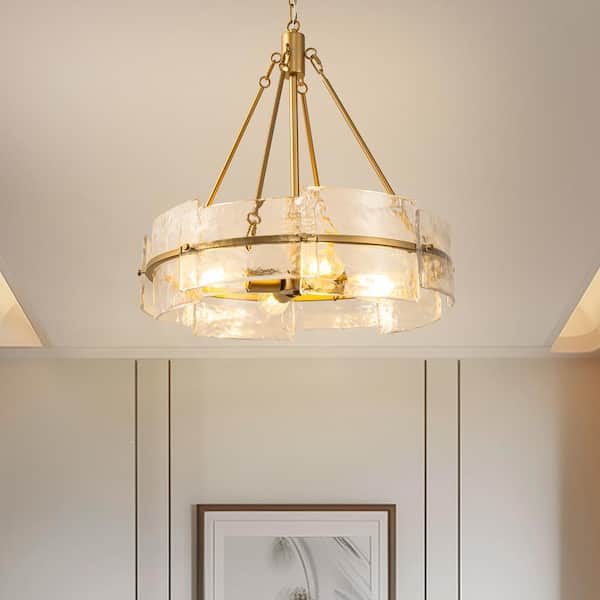 YANSUN 22 in. 4-Light Gold Modern Farmhouse Pendant Light with Textured Clear Glass for Kitchen Island, Dining Room Hallway