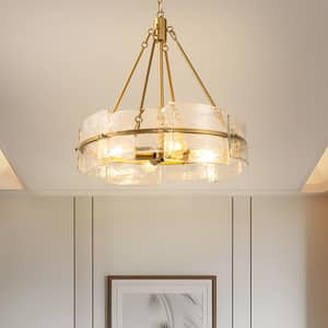 22 in. 4-Light Gold Drum Pendant Light with Textured Clear Glass for Dining Room, Living Room, and Entryway