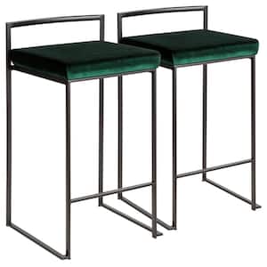 Fuji 26 in. Black Stackable Counter Stool with Green Velvet Cushion (Set of 2)