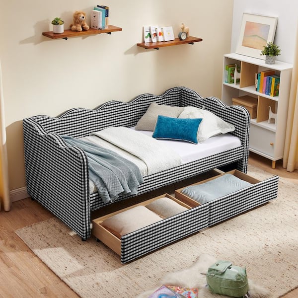 AP-Serenity Gingham Daybed with 2 Storage Drawers & USB Port, Wave-Shaped Twin Size Sofa Bed, Black