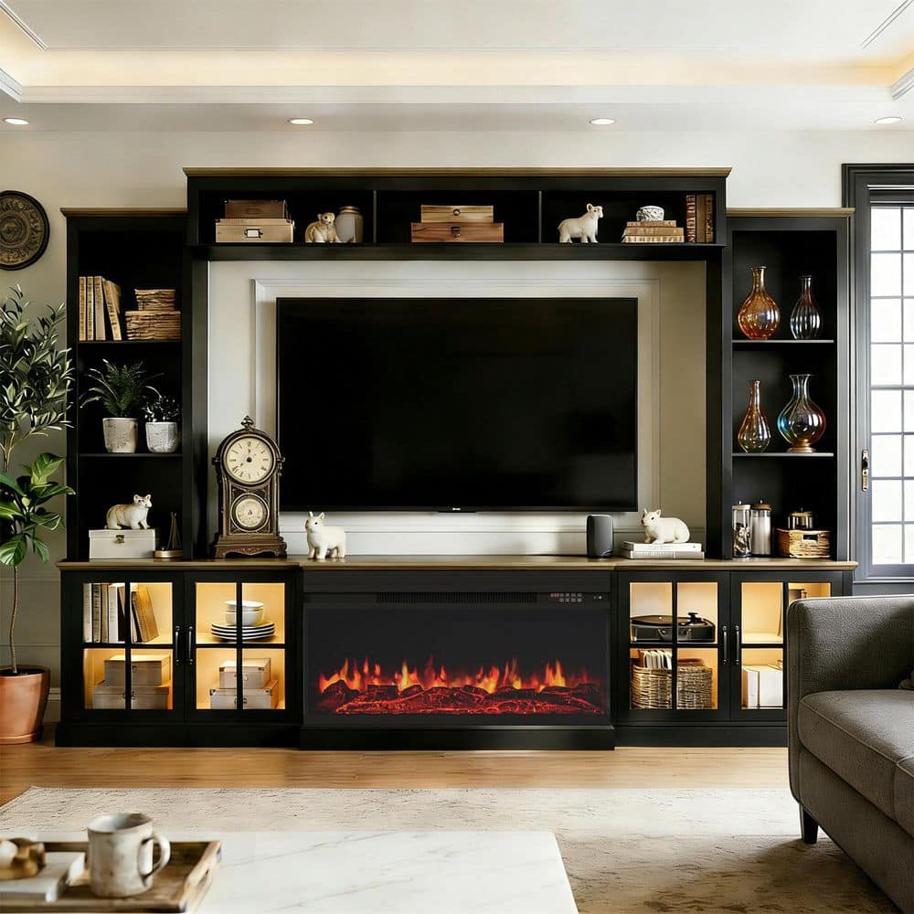 98 in. Freestanding Engineered Wood Electric Fireplace TV Stand with 3-Sided Panoramic Fireplace in Black price history on PriceWatchPro