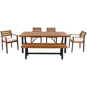 Classic 6-Piece Acacia Wood Outdoor Dining Set with Removable Beige Cushions, Ergonomic Chairs And Bench, Thicker Table