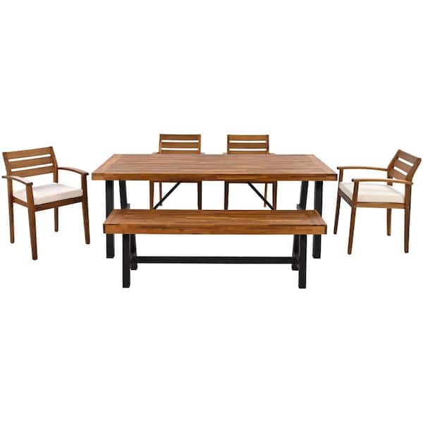Runesay Classic 6-Piece Acacia Wood Outdoor Dining Set with Removable Beige Cushions, Ergonomic Chairs And Bench, Thicker Table